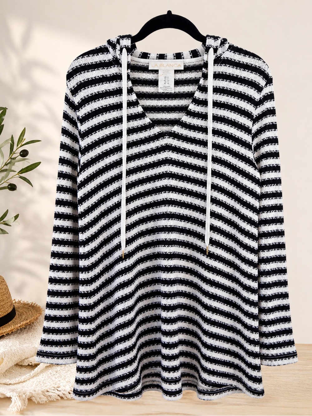 La Blanca Striped Hooded Sweater Small Black White Knit Beach Cover Up Pullover